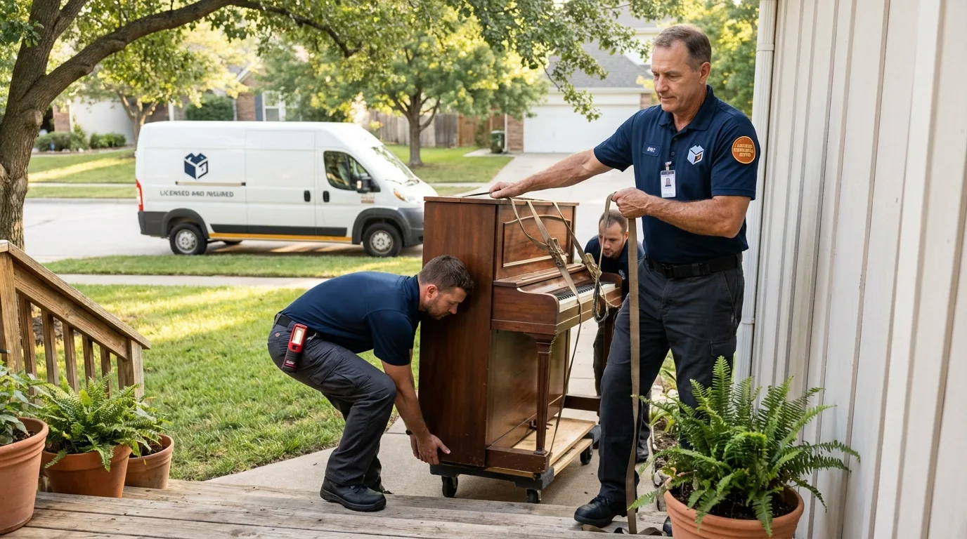 Licensed piano movers securing grand piano in Randolph, UT