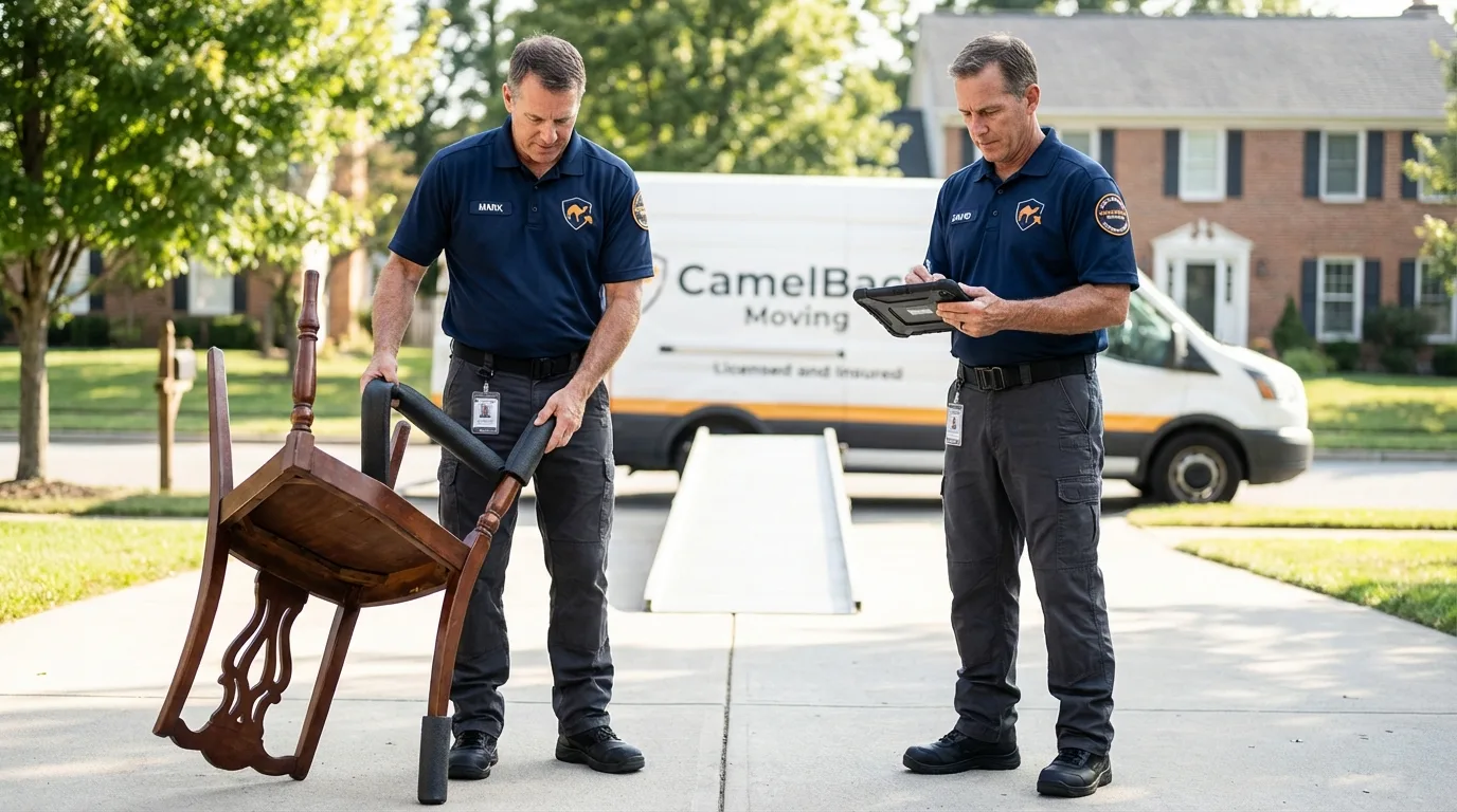 Movers inspecting furniture for damage prevention before loading in Randolph, UT